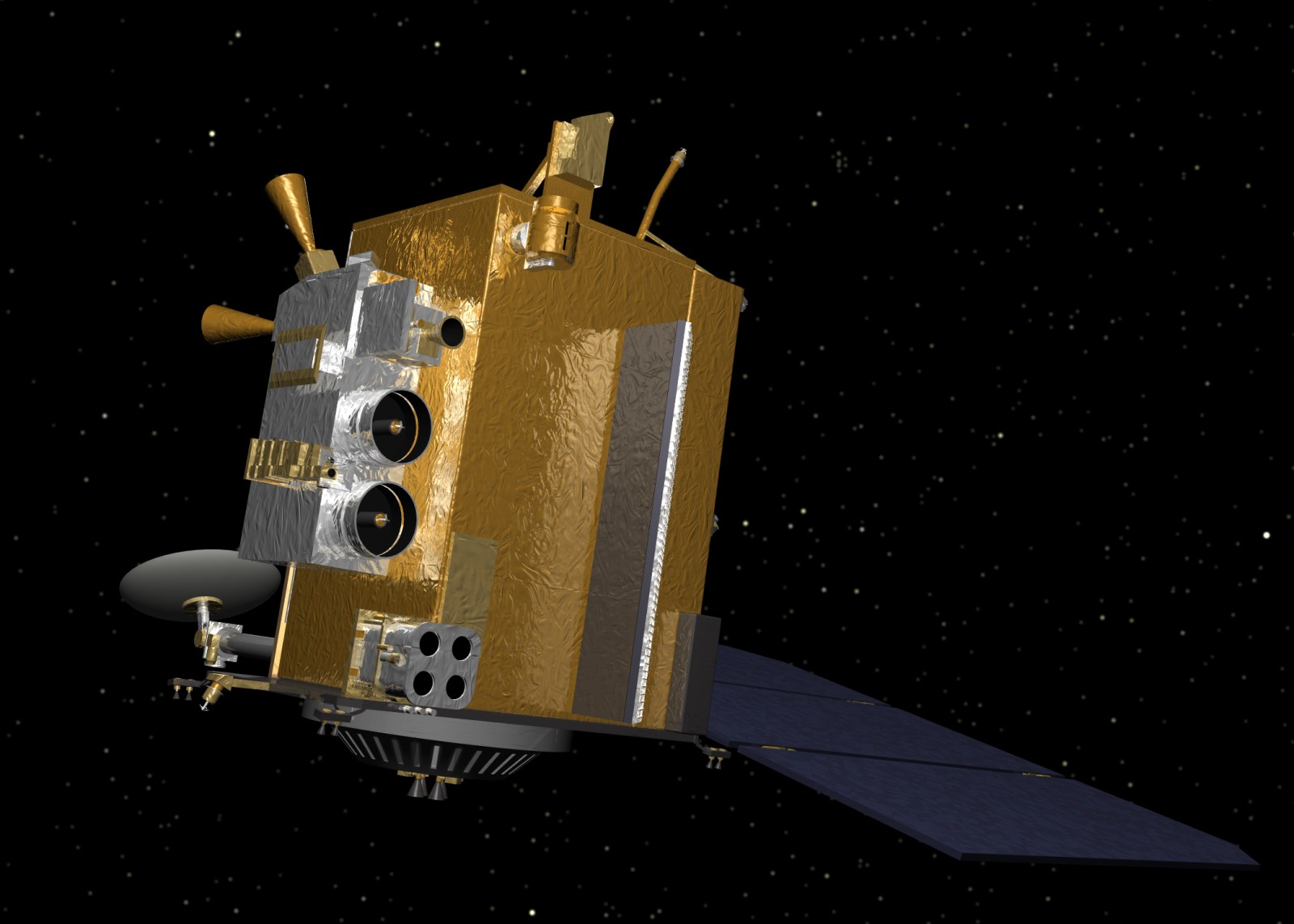 Официальная визуализация аппарата Lunar Reconnaissance Orbiter на фоне звёзд.