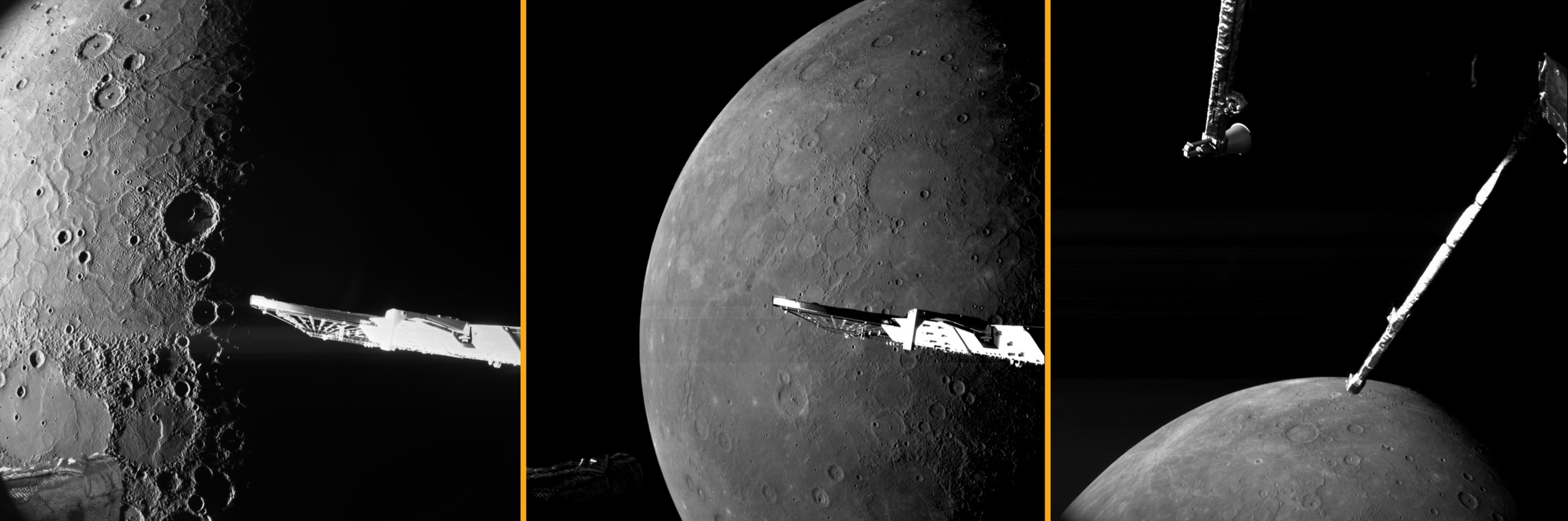 Три кадра шестого пролёта BepiColombo: северный полюс, северные равнины и яркие молодые детали Меркурия.
