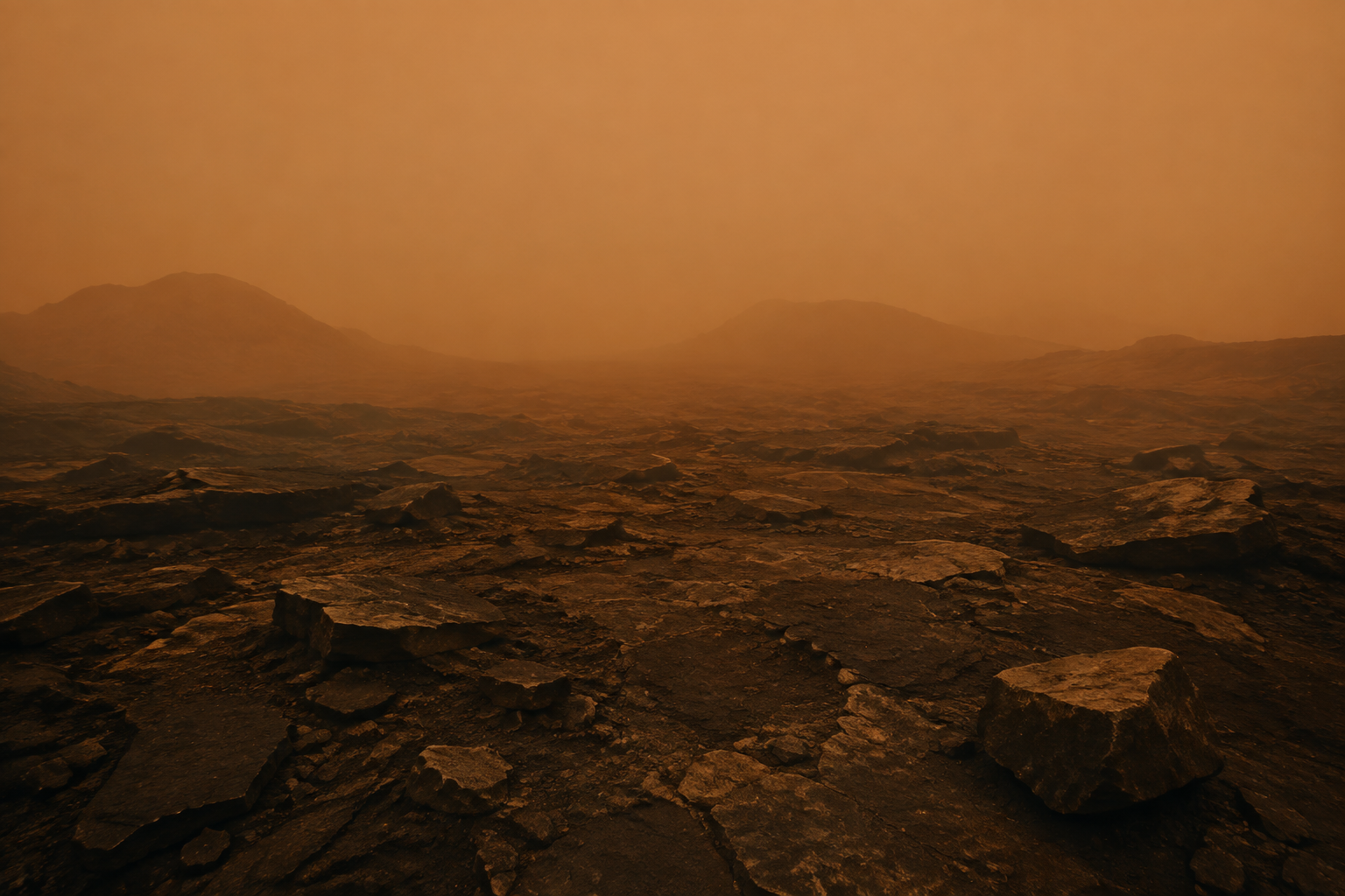 Художественная реконструкция каменистой поверхности Венеры в плотной дымке.